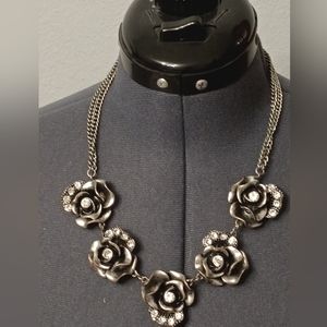 silver tone white rhinestone rose statement necklace